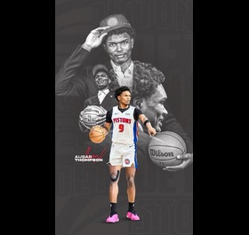 Detroit basketball player in a white uniform number 9 with a black and white collage background